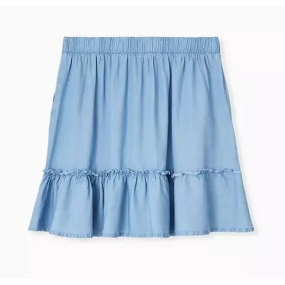 Torrid Skirt WMNS M Blue Chambray Ruffle Shirred Hem Stretch Waist Front Pockets - Picture 2 of 12